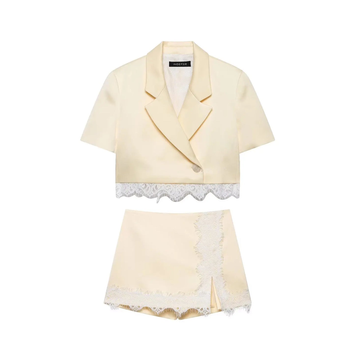 HH Lace Patchwork Culottes Two Piece Set Women's Summer Lace Paneled Short Sleeve Lapel Cropped Blazer+Casual Shorts Skirts