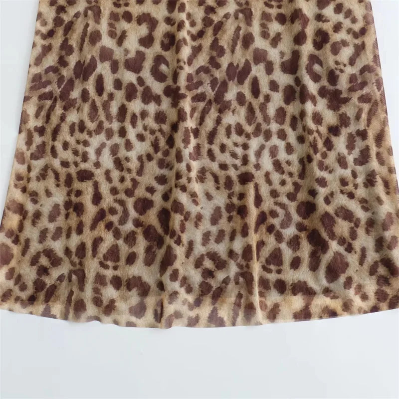 MUJER Leopard Print Tulle Slip Dress Woman Backless Summer Long Dresses For Women Vintage Sexy Party Dresses Midi Holiday Dress