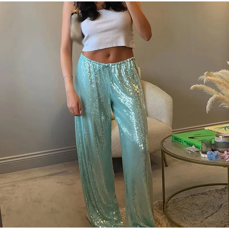 Fashion Sequin Loose Pants Women Solid Drawstring High Waist Wide Leg Trousers Female 2026 Fashion Summer Shinny Bottom Lady