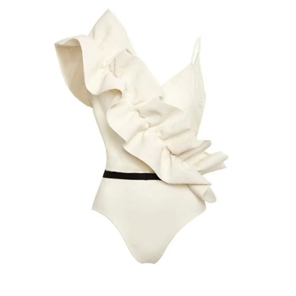 One Shoulder Ruffle Bikini Set With Cover Up White Belt Swimsuit Sexy Swimwear Women High Waist Biquini Bathingsuit Beachwear