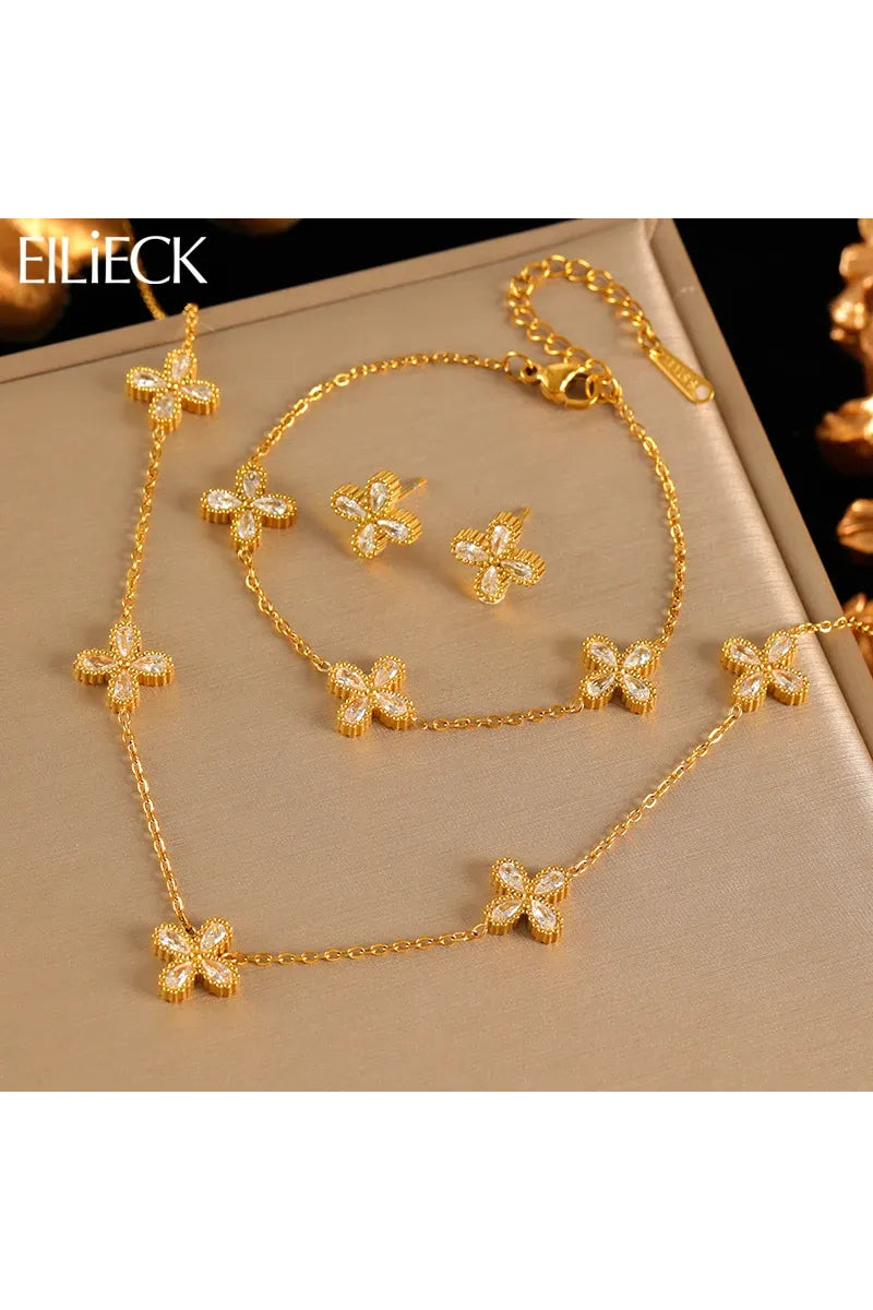 EILIECK 316L Edelstahl Blume Blütenblatt Zirkon Halskette Ohrringe Armband Set Für Frauen Mode Wasserdicht Schmuck Party Geschenk