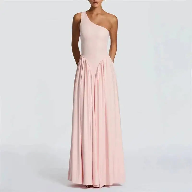 Mozision One Shoulder Backless Sexy Maxi Dress Women Elegant Diagonal Collar Sleeveless Bodycon Pleated Club Party Long Dresses