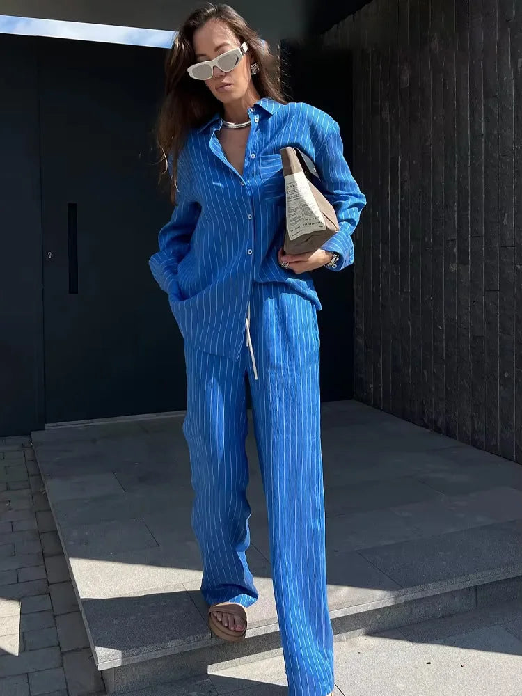 HH Women Striped Pants Suit Loose Lapel Long Sleeve Pocket Single-breasted Blouse+Summer Pajama Style Drawstring Pants