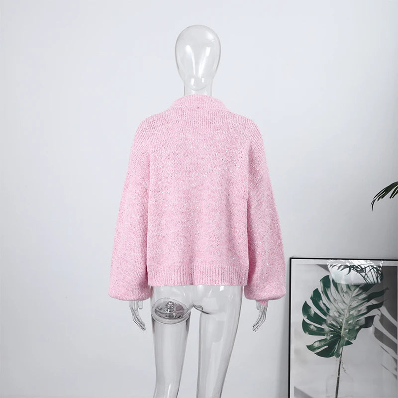 Casual Pailletten Lose Pullover Frauen Volle Hülse Gestrickte Solide Shinny Revers Reißverschlüsse Pullover Weibliche 2026 Frühling Dame Outwears
