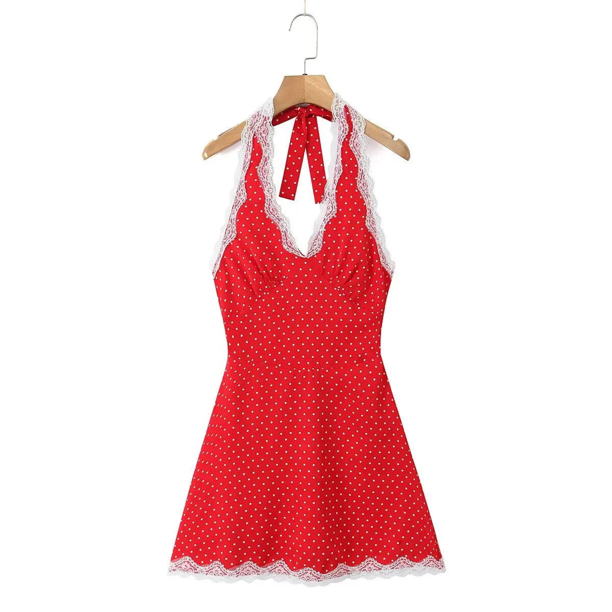 YENKYE Lace Spliced Polka Dot Halter Dress Women Elegant A-line Mini Sexy Backless Dresses Summer Robe 2025