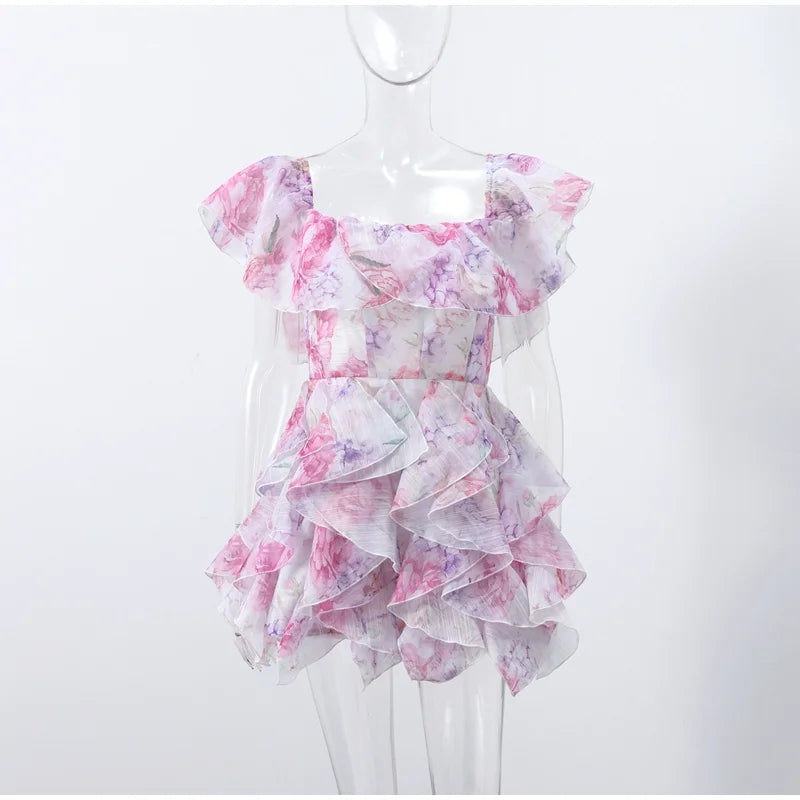 Chic Floral Printed Mini Dress Backless Sleeveless Hem Stacking Dresses Sweet A Line Vestidos 2025 New Lady Party Club Clothing