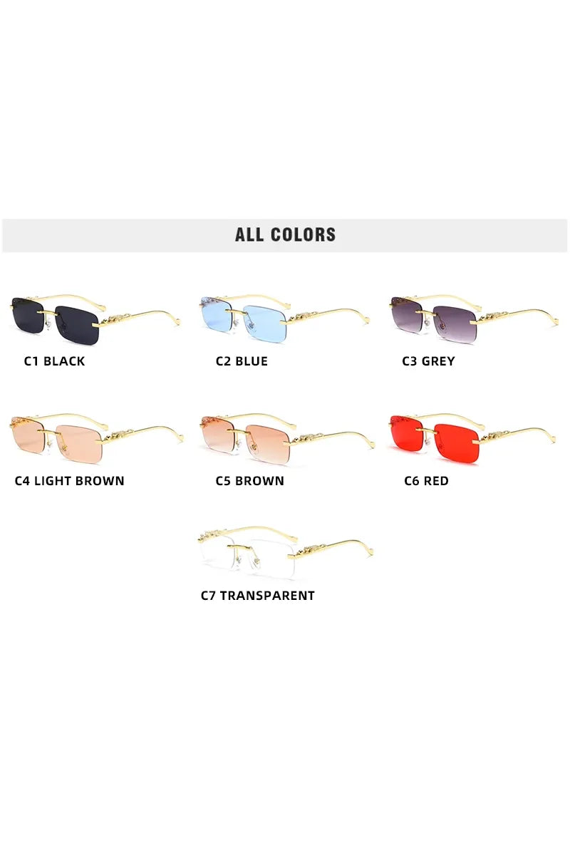 Klassische randlose Sonnenbrille für Herren und Damen, modisch, Leoparden-Dekoration, kleine Sonnenbrille, stilvoll, rahmenlos, zum Fahren, Reisen