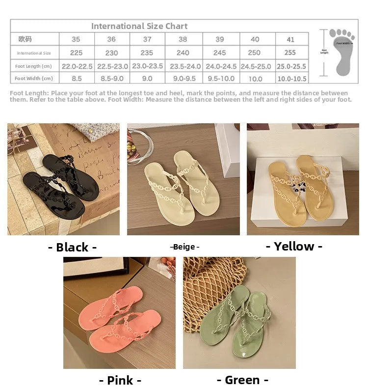 Anti-Slip Flat Sandals Women's Outdoor Beach Slippers Crystal Rhinestone Thong Slippers PVC Material Comfortable Casual Shoes