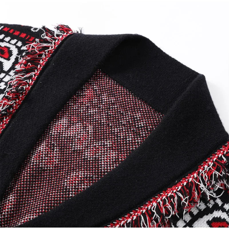 2026 frühling Quaste Gestrickte Jacquard frauen Strickjacken Lose Patchwork V-ausschnitt Langarm Dicke Warme Pullover Dame Neue Strickwaren