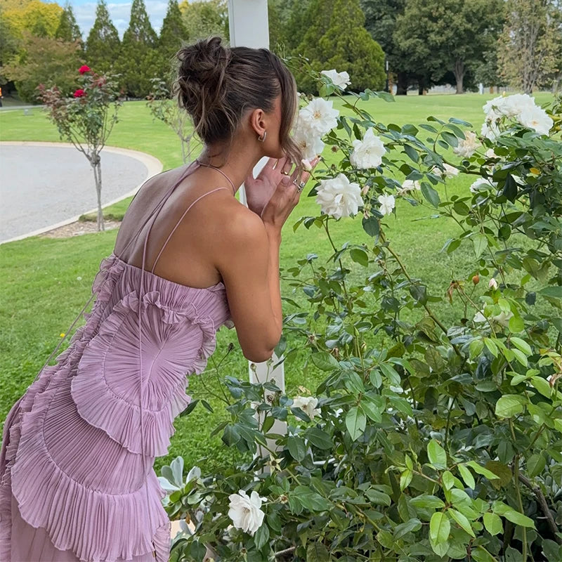 Elegant Purple Halter A Line Prom Gowns Ruffles Tiered Backless Party Gown Summer Vacation Chiffon Long Evening Dress