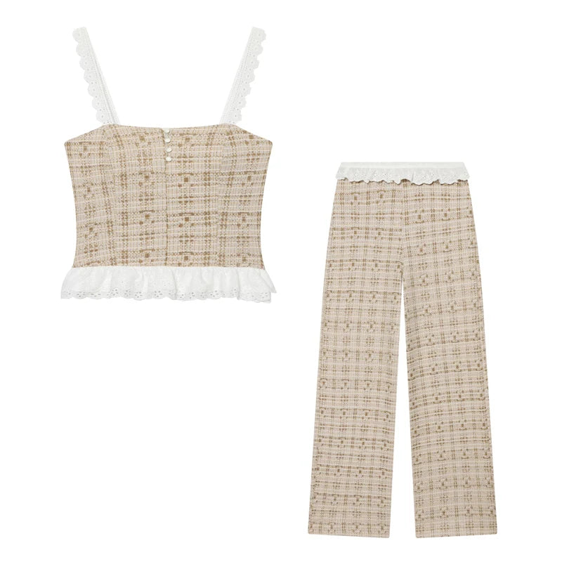 MUJER Ruffle Women's Pants Set Two Pieces Textured Wide Leg Pants for Women Mid Waist Pants Woman Outfit Summer Slip Top Lady