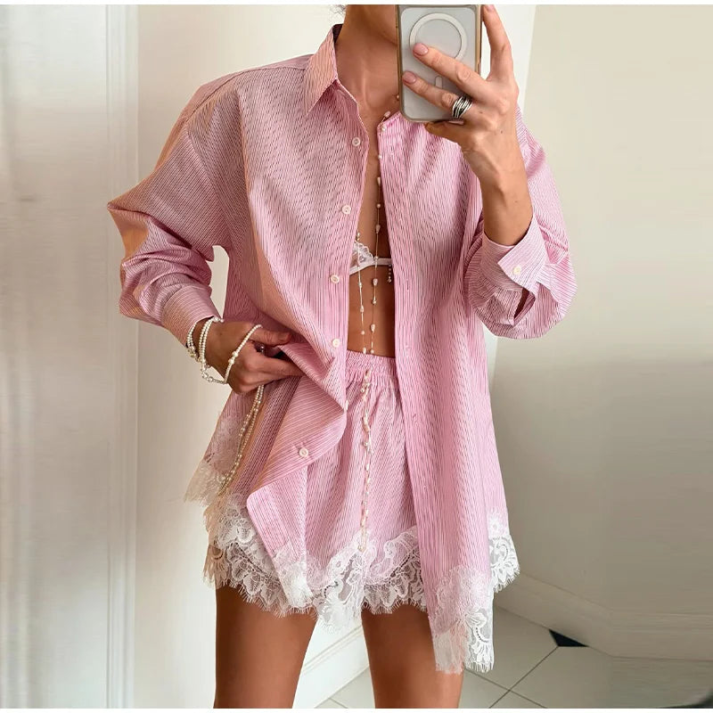 Strandhemden & Shorts Outfits für Damen: Revers, Einreiher, Lange Ärmel, Spitzen-Patchwork-Sets – Frühling/Sommer 2026 Urlaubs-Sets für Frauen
