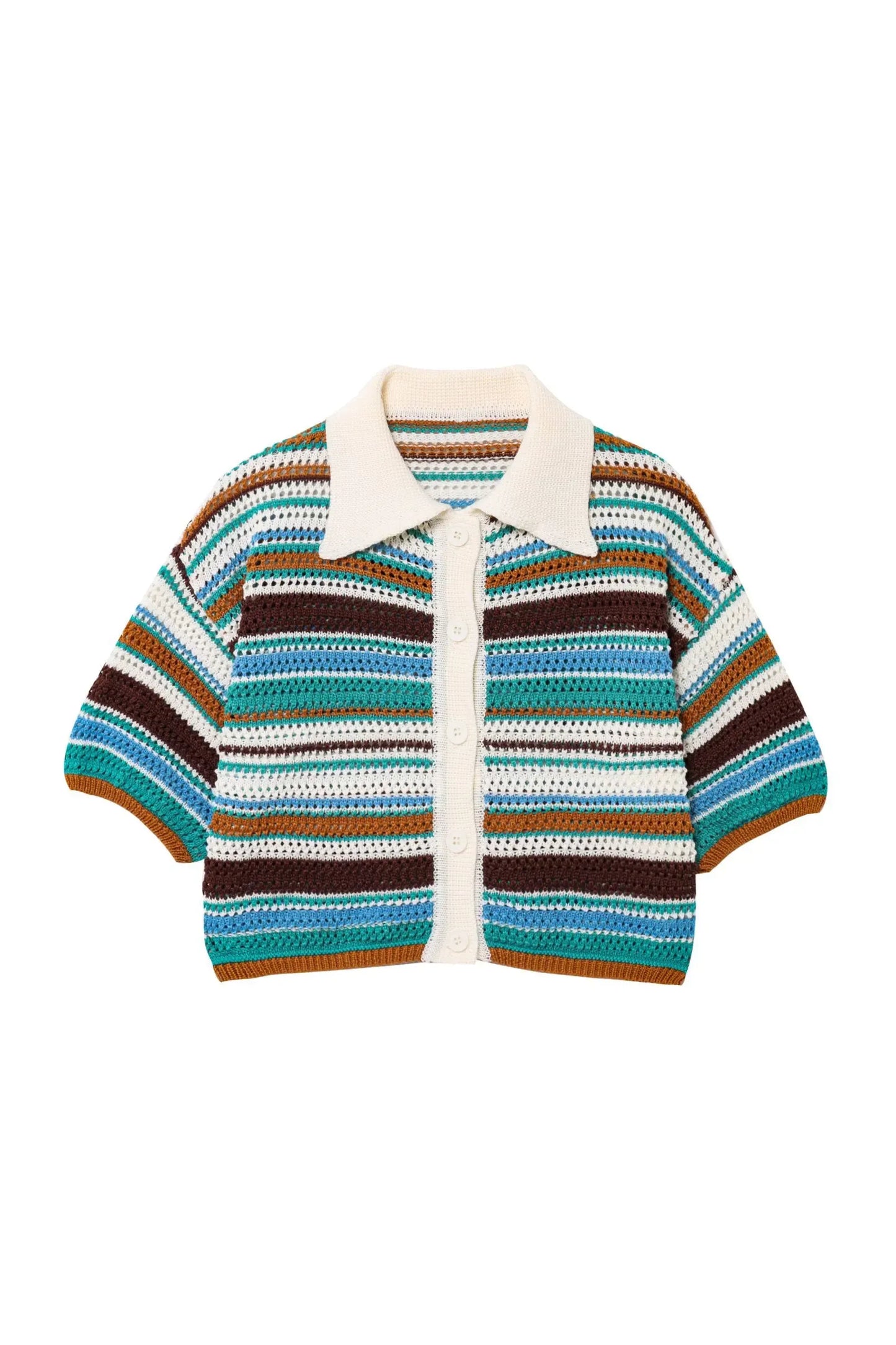 Frauen Patchwork Gestreiften Aushöhlen Häkeln Gestrickte Crop Pullover Shorts Set Kurzarm Polo Kragen Pullover Stricken Shorts Anzug Y2K