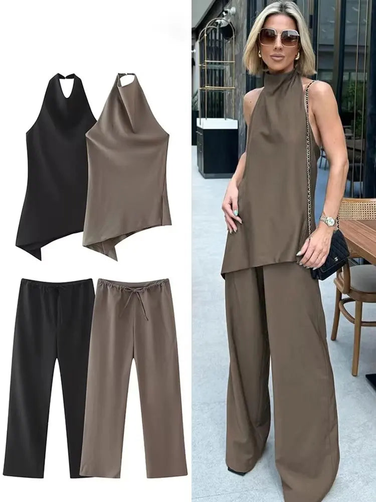 HH Women Vintage Solid Pant Sets Sexy Backless Halter Camis Top Asymmetric Tank Top + Drawstring Trousers Fashion Streetwear