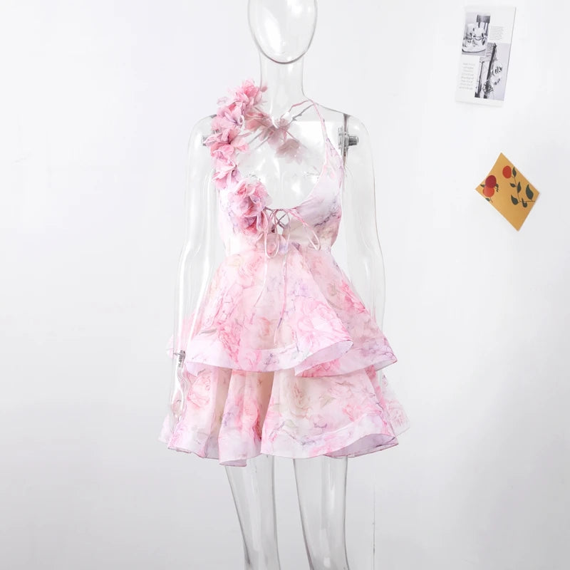 Chic Floral Printed Mini Dress Backless Sleeveless Hem Stacking Dresses Sweet A Line Vestidos 2025 New Lady Party Club Clothing