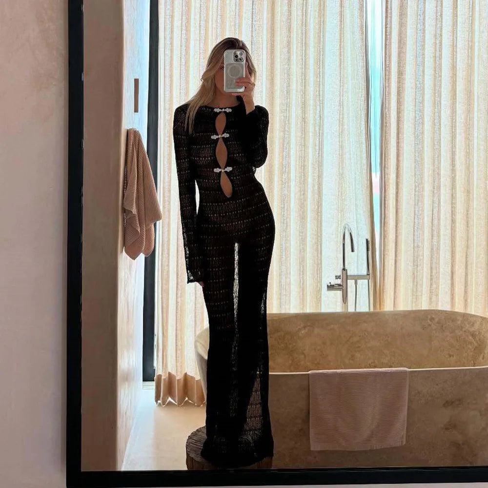 2026 Knitted Dress Backless Cover Up For Women 2025 Summer Beach Dress High Slit Bikinis Cover-Up Hollow Out Sexy Vacation Dress