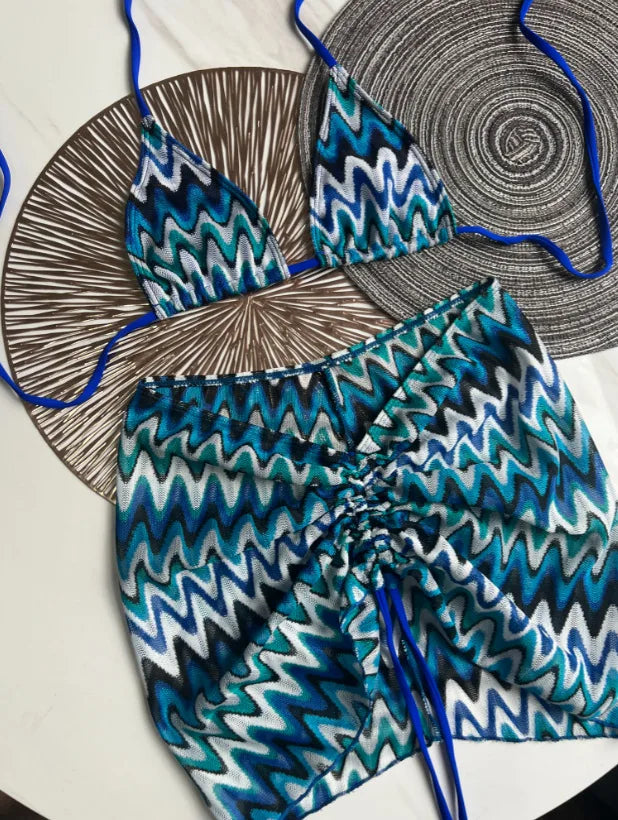 2025 New 3 Pieces Bikinis Sets Knitted Stripe With Skirt Knitting Beachwear Sexy Women's Swimsuit Cover-ups Strappy Beach Wear