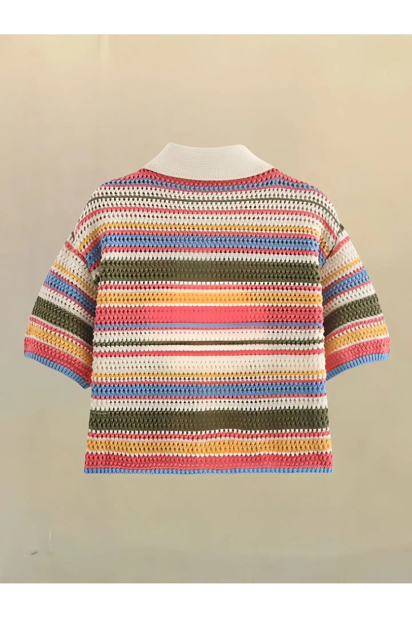 Frauen Patchwork Gestreiften Aushöhlen Häkeln Gestrickte Crop Pullover Shorts Set Kurzarm Polo Kragen Pullover Stricken Shorts Anzug Y2K