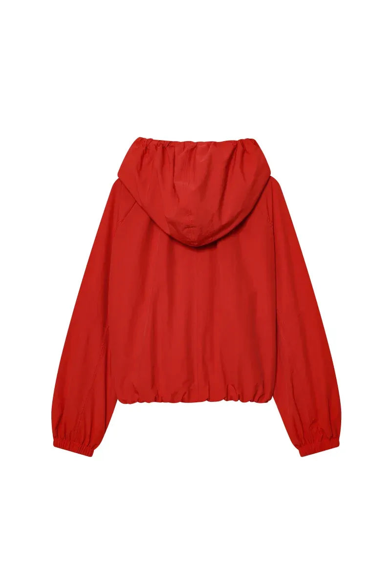 ETJ Damenjacke mit Kapuze und Kordelzug sowie elastischen Bündchen und Saum – Roter, übergroßer Kurzmantel mit Blasenärmeln