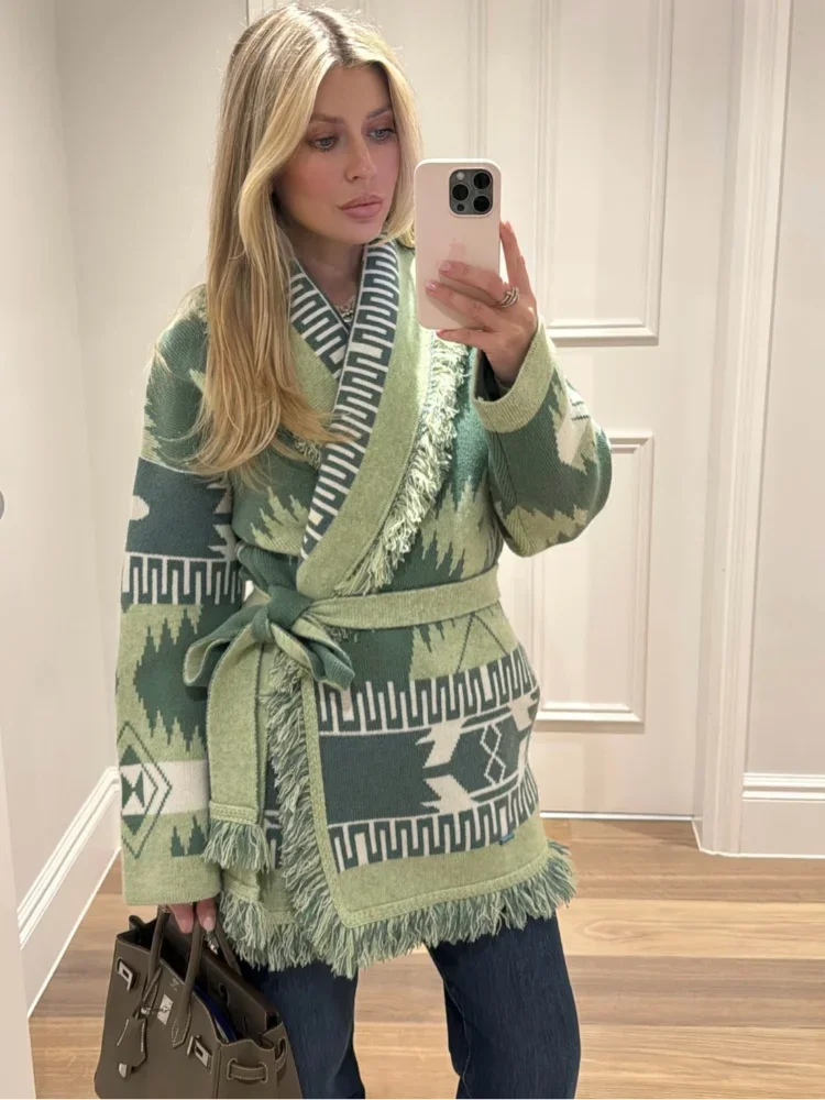Frauen Quaste Patchwork Gedruckt Strickjacke Mode V-ausschnitt Langarm Lose Strickwaren Dame Herbst Pendeln Straße Strickjacken