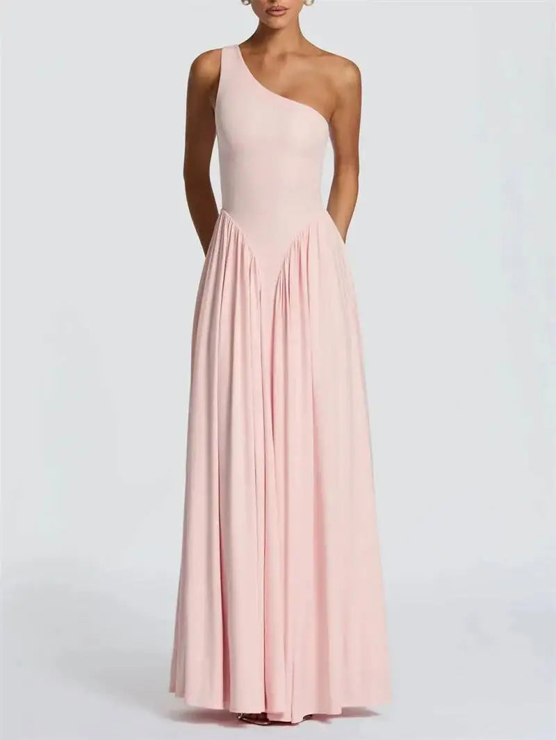 Mozision One Shoulder Backless Sexy Maxi Dress Women Elegant Diagonal Collar Sleeveless Bodycon Pleated Club Party Long Dresses
