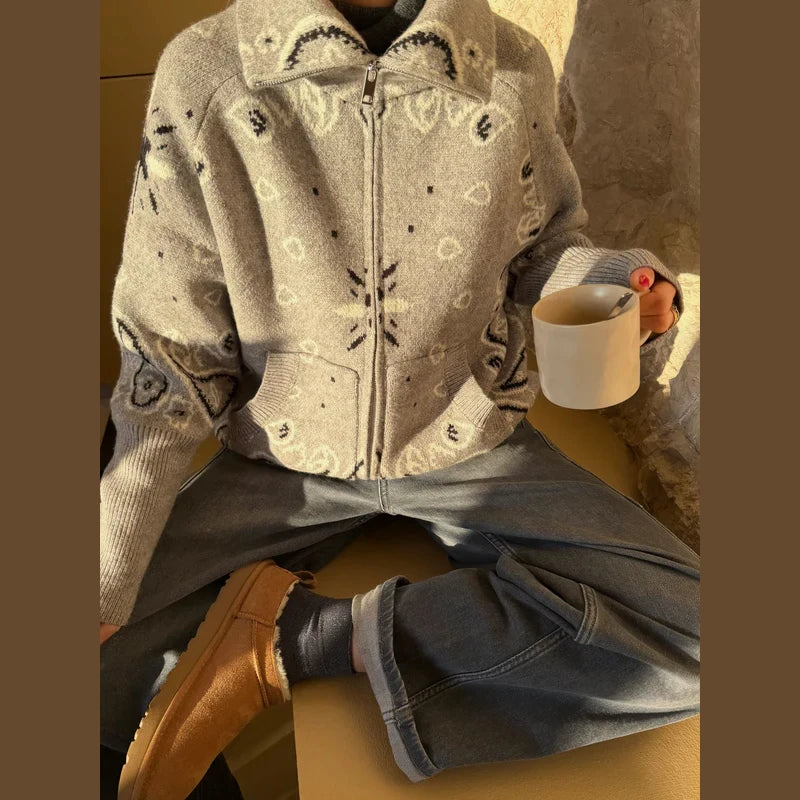 Frauen Gestrickte Getäfelten Pullover drehen-unten Kragen Flare Hülse Reißverschlüsse Mantel Strickjacke Casual Büro Dame Herbst 2025, Pullover