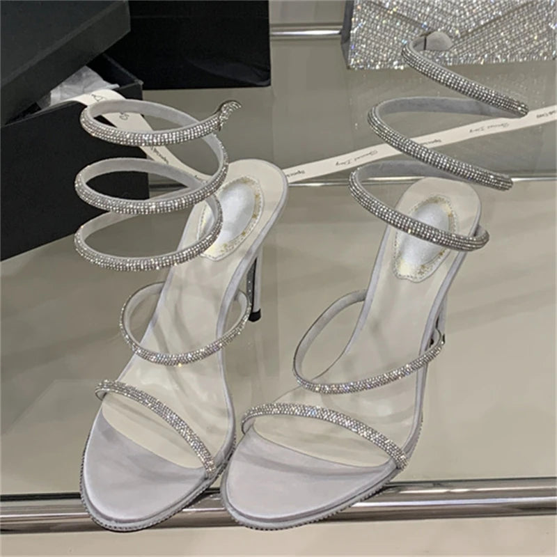Eilyken Street Style Crystal Diamonds Ankle Strap Women Sandals Sexy Open Toe Thin High Heels Party Prom Summer Shoes