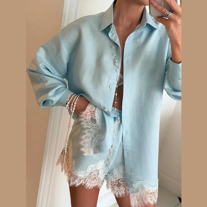Strandhemden & Shorts Outfits für Damen: Revers, Einreiher, Lange Ärmel, Spitzen-Patchwork-Sets – Frühling/Sommer 2026 Urlaubs-Sets für Frauen