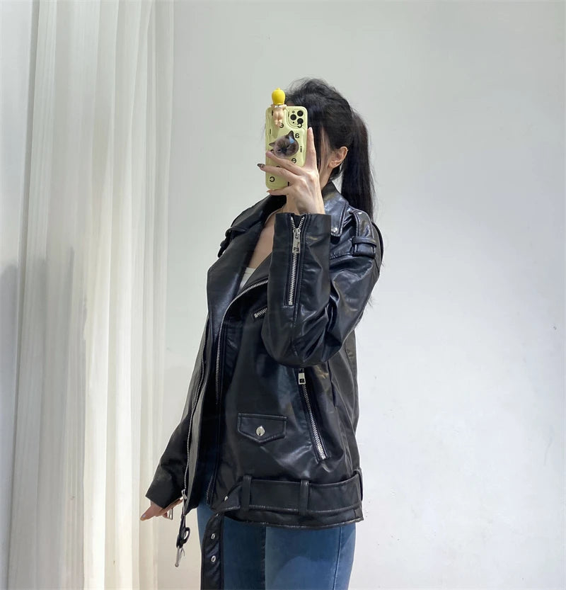 Neue 2025, Damen-Motorrad-Leder, PU-Kunstleder, lockere Jacke, schwarze Jacke