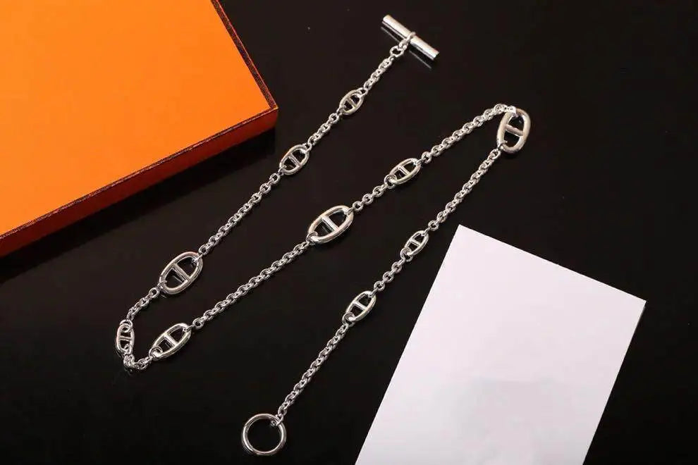 Halskette im Industrial-Stil mit Schweinenasen-Design, lange 925er Silber-Schulterkette mit mehreren Schichten, luxuriöse Halskette
