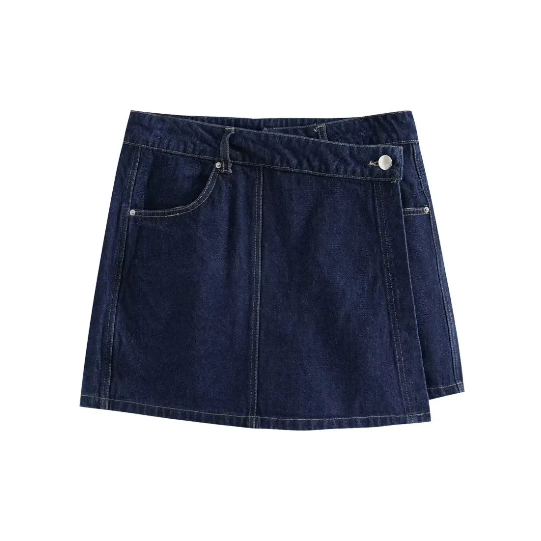 2025 Damenmode Flip Pocket Dekoration Kurzer Flip-Kragen Slim-Fit-Jeansoberteil + asymmetrischer Jeansrock 2-teiliges Set
