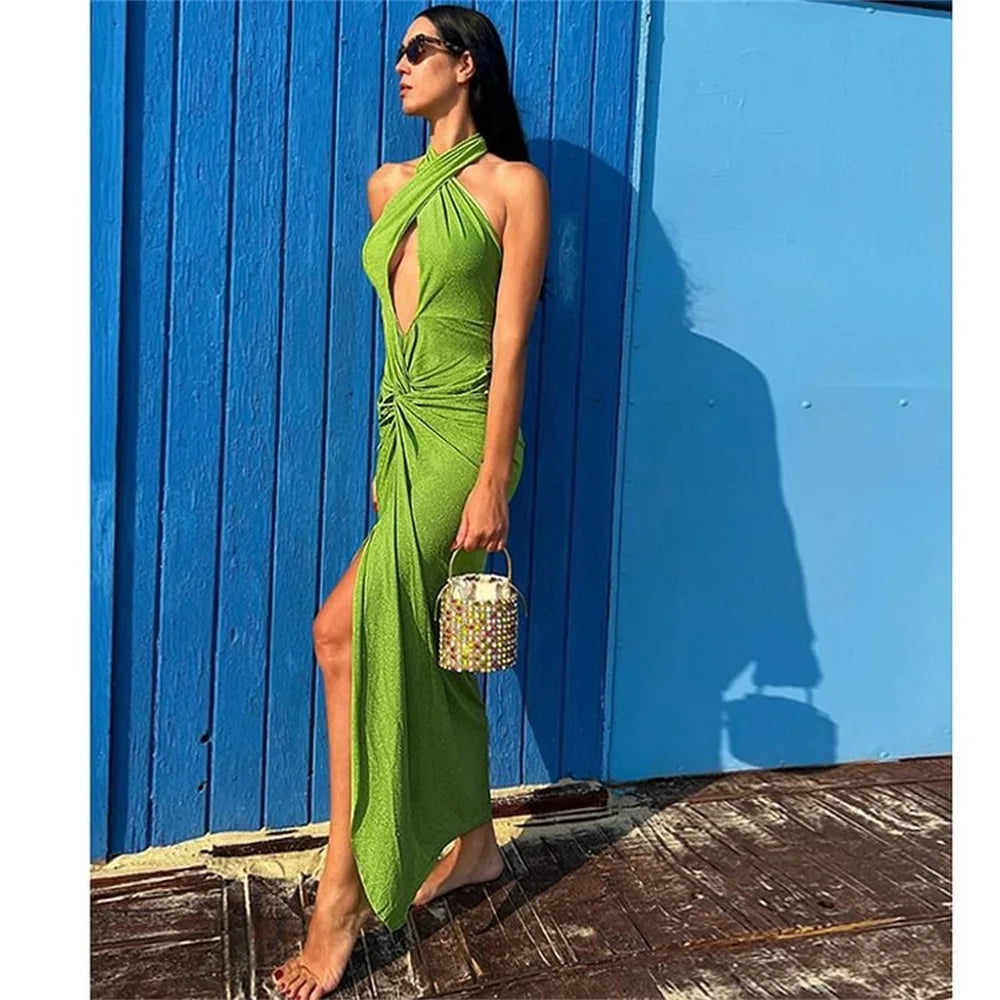 2025 New Swimsuit High-end Niche Design 2Pcs Halter Neck Glitter Fabric Holiday Sexy Hot Spring One Piece Swimsuit for Women