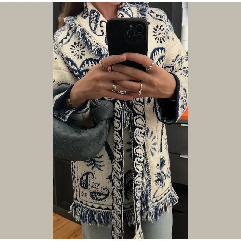 Frauen Quaste Patchwork Gedruckt Strickjacke Mode V-ausschnitt Langarm Lose Strickwaren Dame Herbst Pendeln Straße Strickjacken