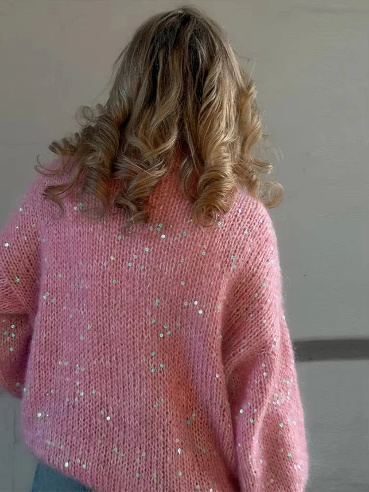 Casual Pailletten Lose Pullover Frauen Volle Hülse Gestrickte Solide Shinny Revers Reißverschlüsse Pullover Weibliche 2026 Frühling Dame Outwears
