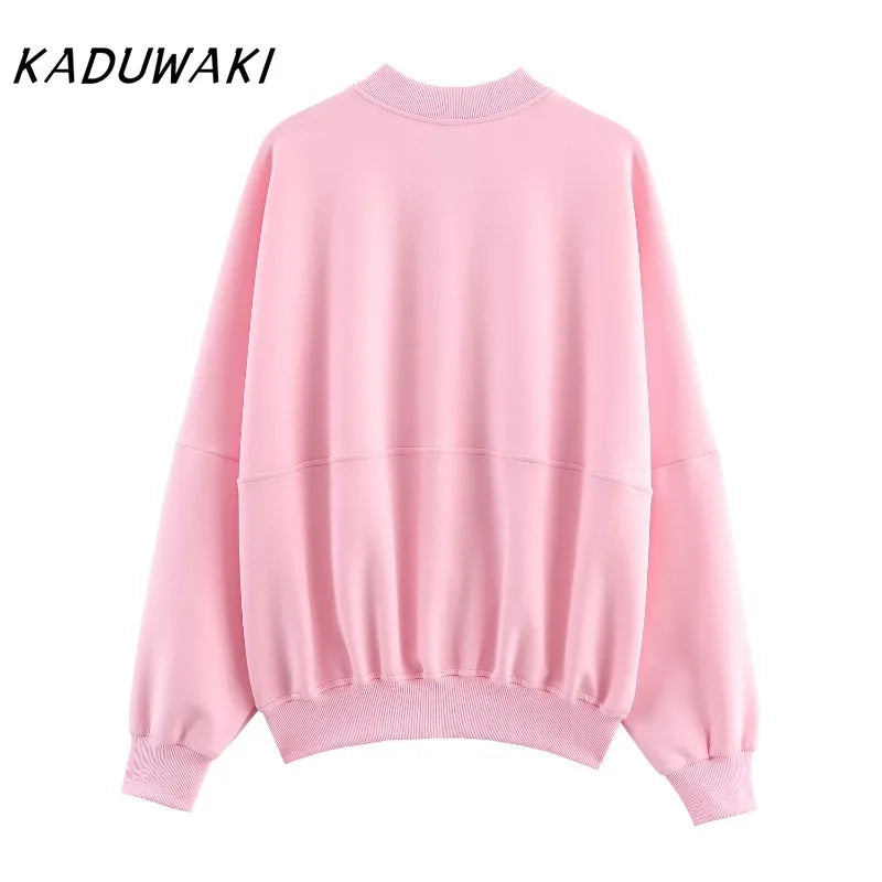 KADUWAKI Herbst Dame Casual Outfit Einfarbig Zipper Up Bomber Jacke Gerippte Borte Ausgestelltes Kordelzug Hose frauen Zwei Stück set
