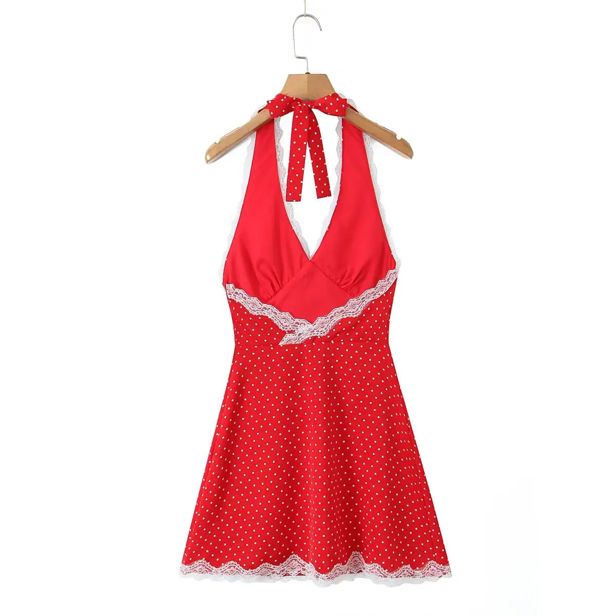 YENKYE Lace Spliced Polka Dot Halter Dress Women Elegant A-line Mini Sexy Backless Dresses Summer Robe 2025