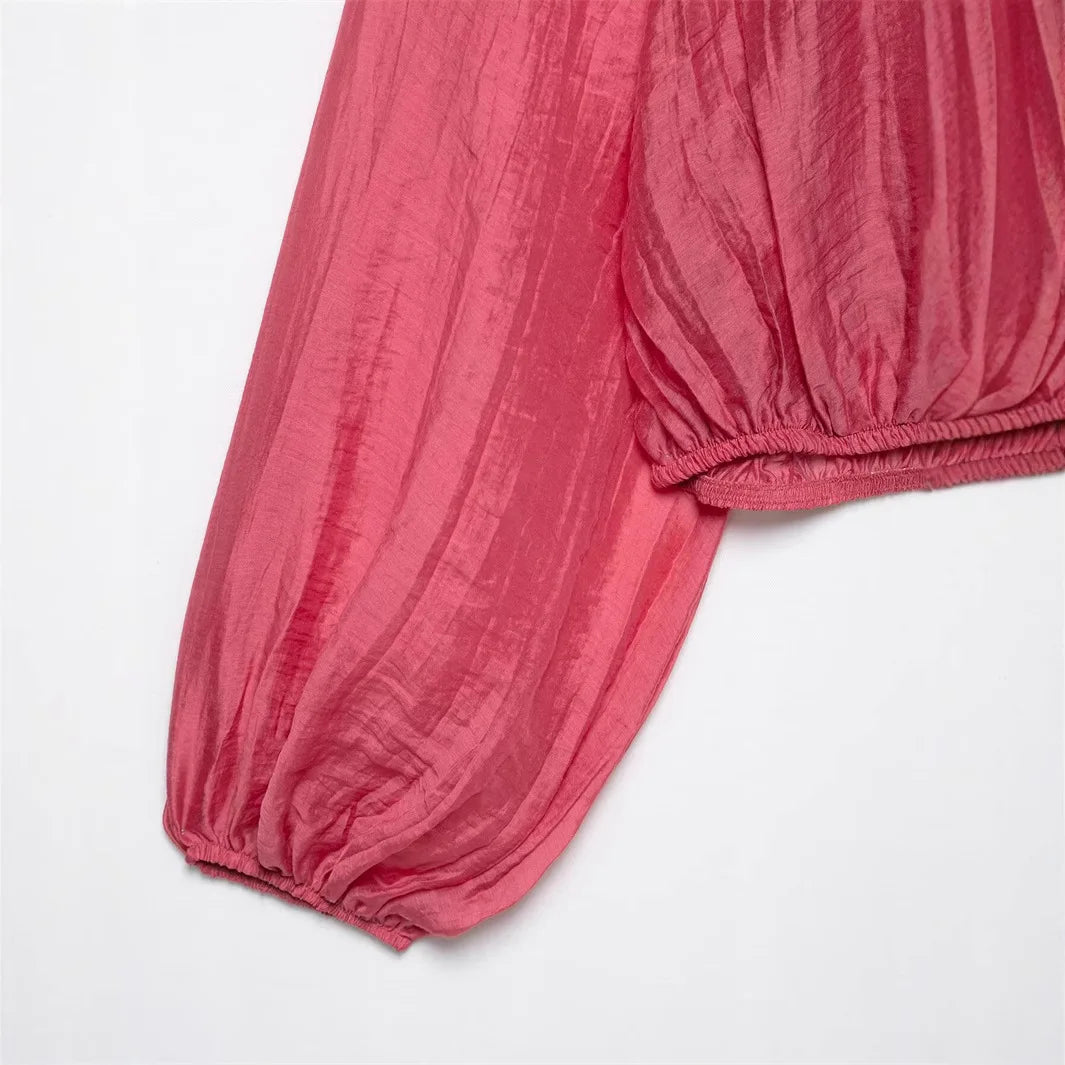 2025 Summer Women Red Folds Shirt Skirts Sets Lace Up Long Sleeves Shirts+High Waist Pleated Skirt Fashion Lady Outfits