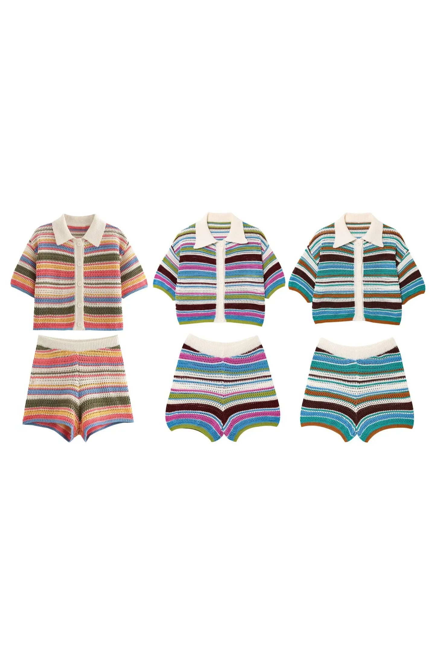 Frauen Patchwork Gestreiften Aushöhlen Häkeln Gestrickte Crop Pullover Shorts Set Kurzarm Polo Kragen Pullover Stricken Shorts Anzug Y2K