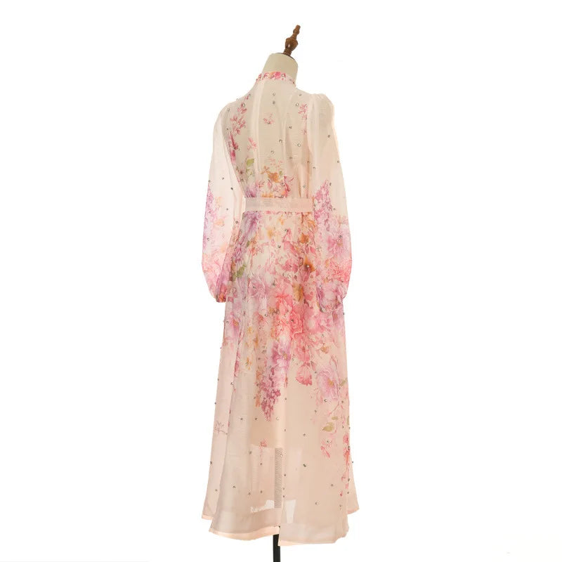 Spring Summer 2026 New Style Long Skirt Dress Women's Maxi Dress Diamond Floral Print High Waist Long Sleeve Street Style Ele...