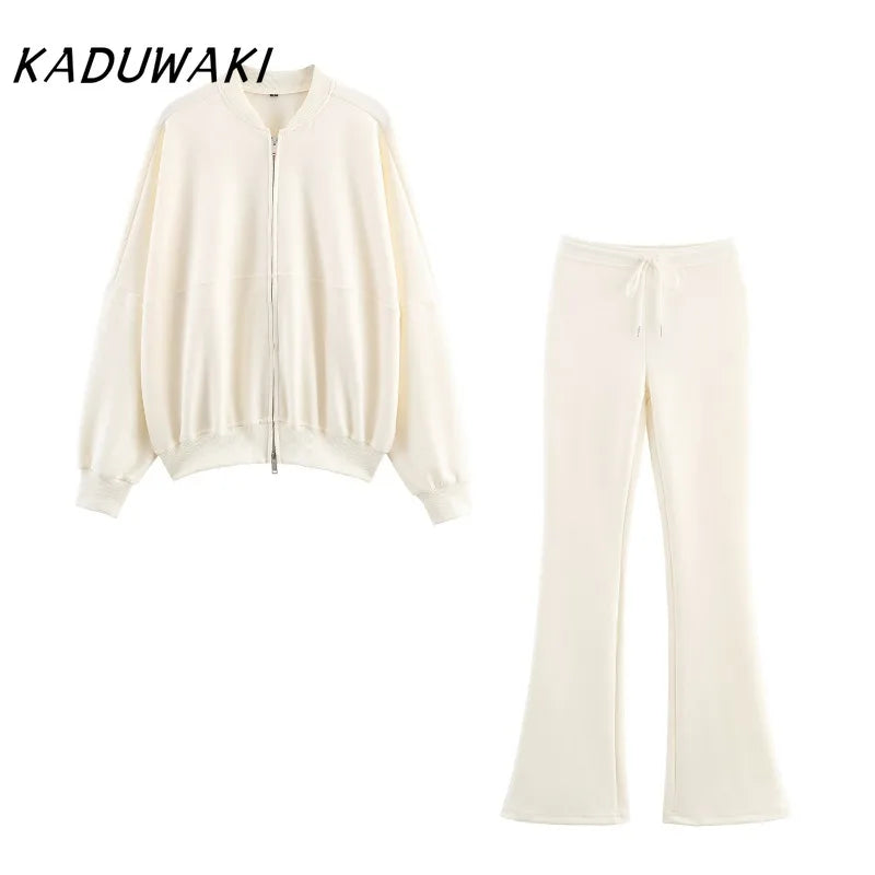 KADUWAKI Herbst Dame Casual Outfit Einfarbig Zipper Up Bomber Jacke Gerippte Borte Ausgestelltes Kordelzug Hose frauen Zwei Stück set