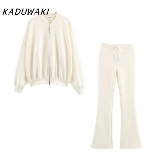 KADUWAKI Herbst Dame Casual Outfit Einfarbig Zipper Up Bomber Jacke Gerippte Borte Ausgestelltes Kordelzug Hose frauen Zwei Stück set