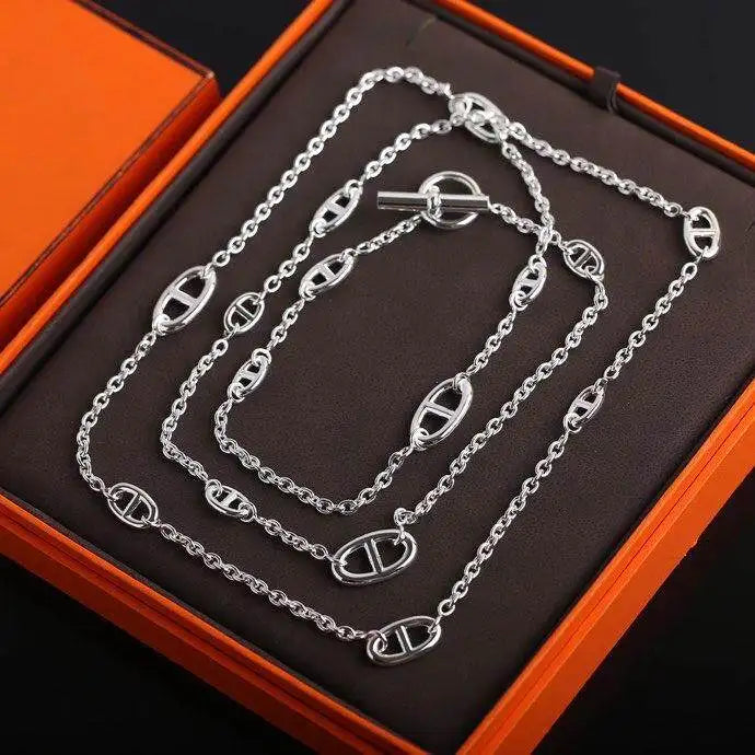 Halskette im Industrial-Stil mit Schweinenasen-Design, lange 925er Silber-Schulterkette mit mehreren Schichten, luxuriöse Halskette