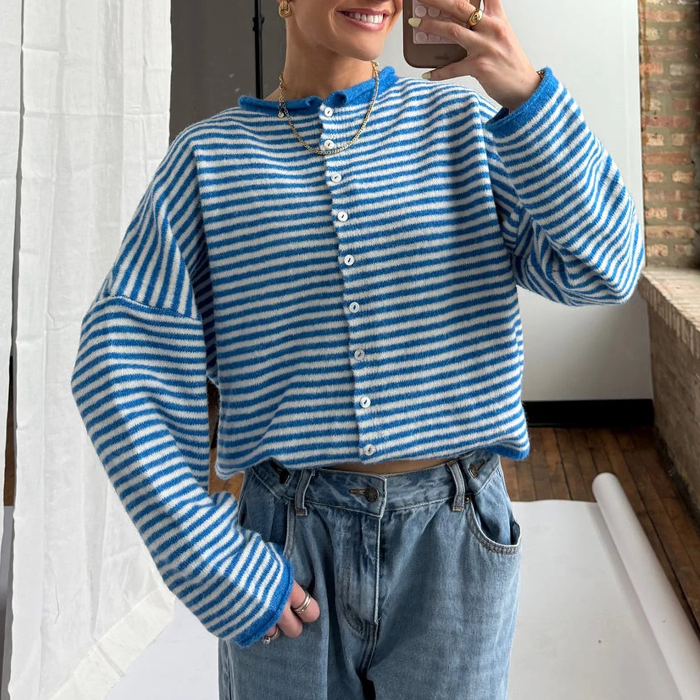 Casual Loose Cardigan For Women Autumn Long Sleeve Knitwear Y2K Outerwears Women's Fashion Stripes Sweater Female Top
