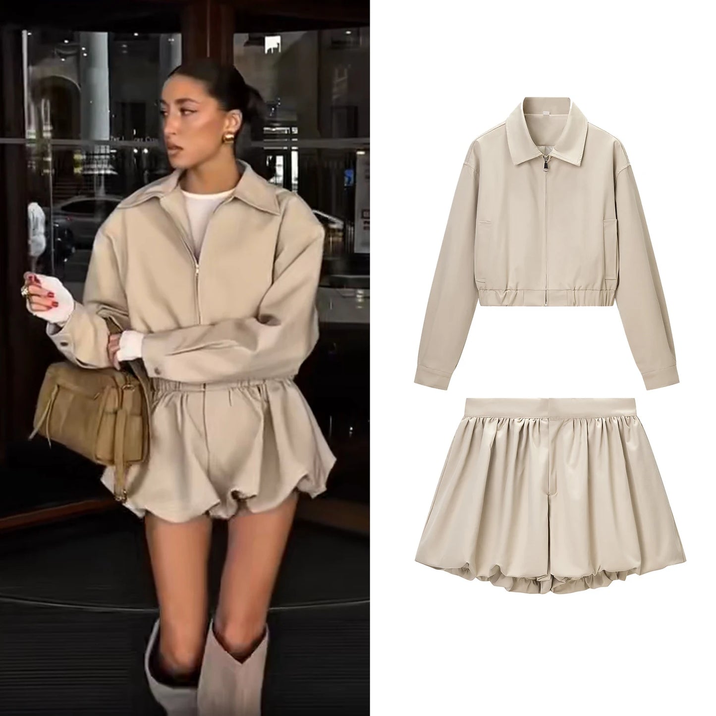 Frauen Mode Casual Shorts Sets Weibliche Zipper Jacke Langarm Revers Kurze Mäntel Und Dame Chic Streetwear Ballon Shorts