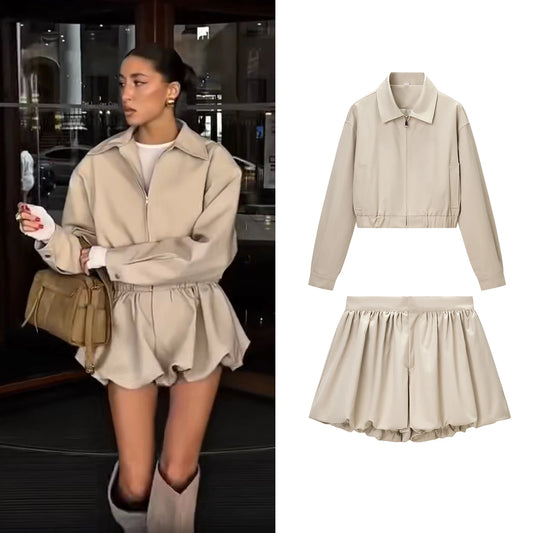 Frauen Mode Casual Shorts Sets Weibliche Zipper Jacke Langarm Revers Kurze Mäntel Und Dame Chic Streetwear Ballon Shorts