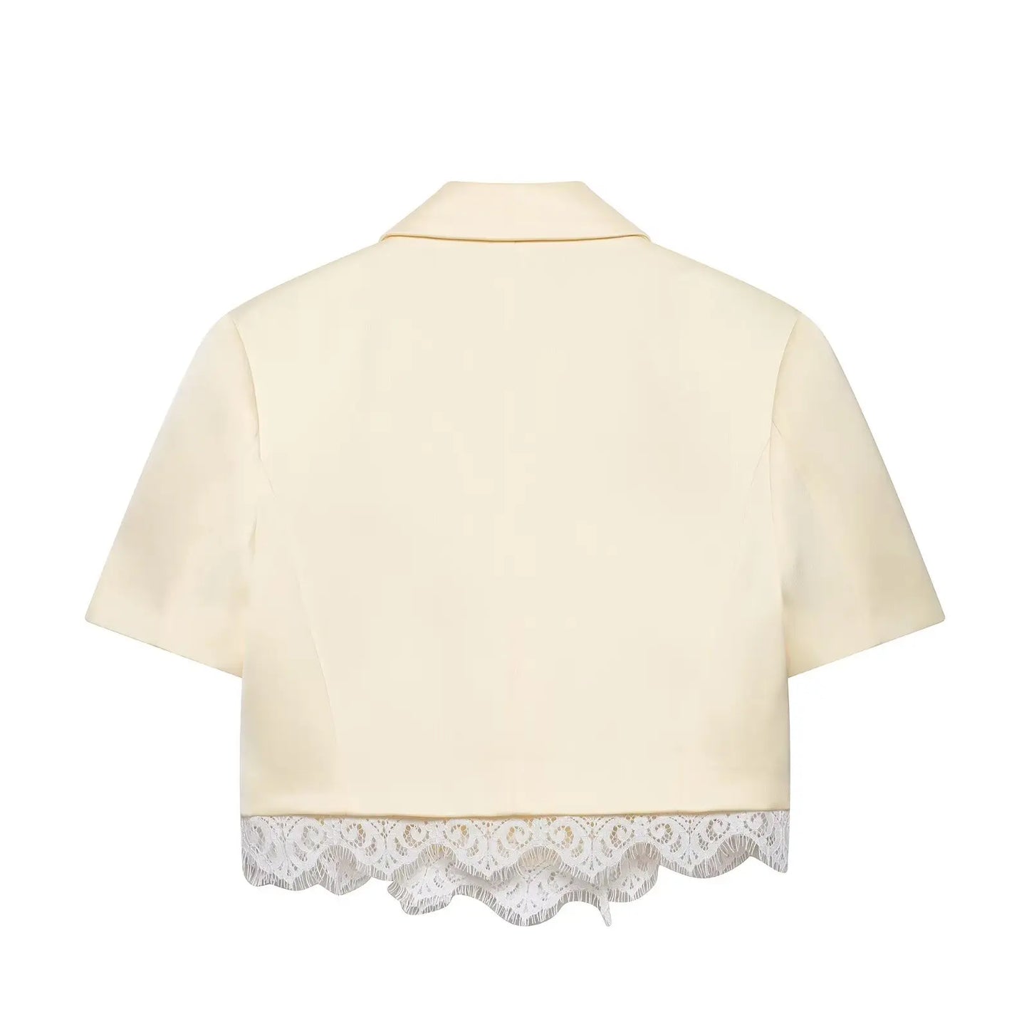HH Lace Patchwork Culottes Two Piece Set Women's Summer Lace Paneled Short Sleeve Lapel Cropped Blazer+Casual Shorts Skirts
