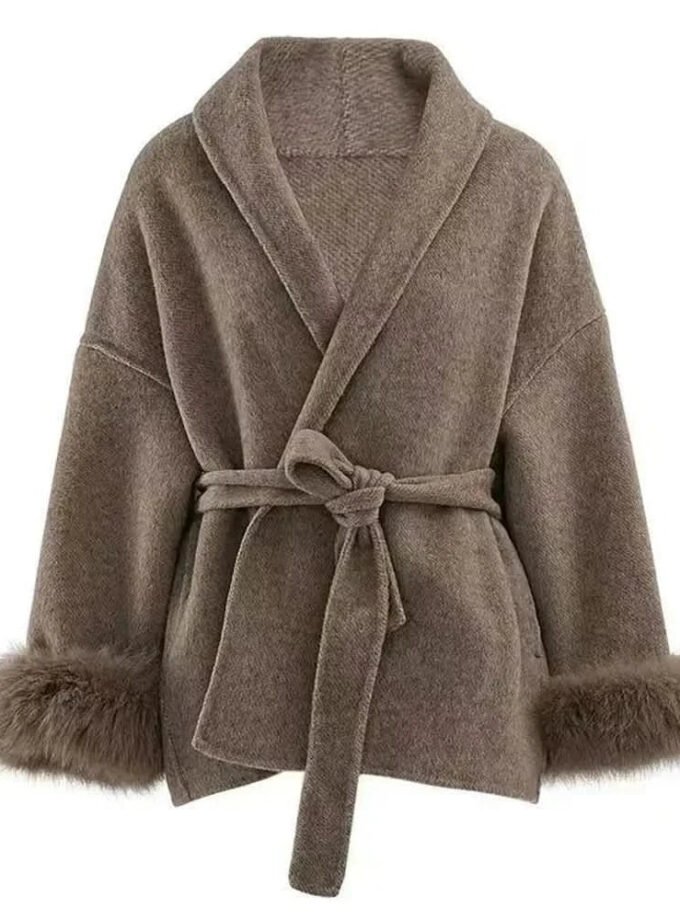 Arctic Grace Wool Coat in grey with fur-trimmed cuffs and waist belt.