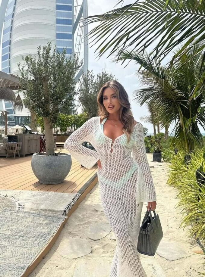 Ariel Maxikleid Damen Sommer Weiß Türkis