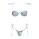 Light blue bikini with floral patterns and string ties.