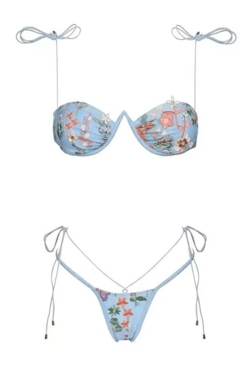 Light blue bikini with floral patterns and string ties.